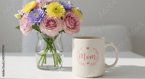 Wallpaper Mural A vibrant bouquet of colorful flowers next to a mug with 'Mom' written on it is lovely. Torontodigital.ca
