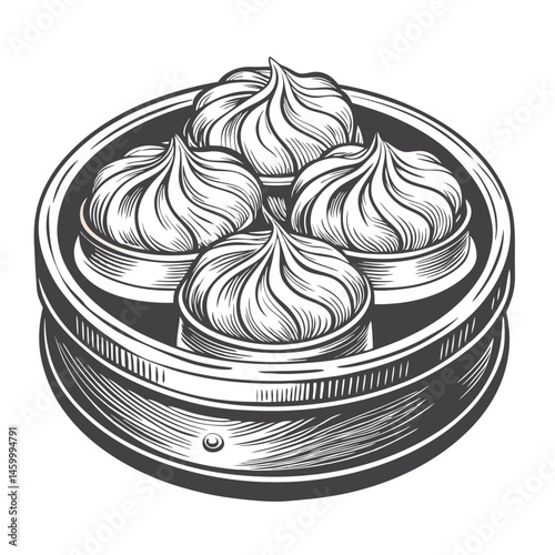 Black and White Illustration of Traditional Asian Xiaolongbao in Steamer
