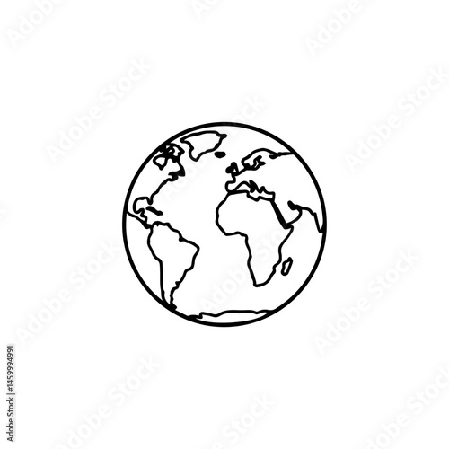 Simple earth globe graphic. World map line art illustration. Planet earth outline drawing. Perfect for geography lessons and educational materials.