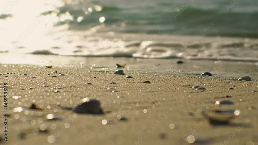 Close-up of wet sand and shells on beach at sunset Close-up of wet sand and shells on beach at sunset