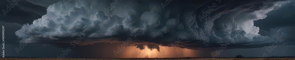 Obraz premium A colossal, textured storm cloud dominates a dark, brooding landscape , nature, foreboding