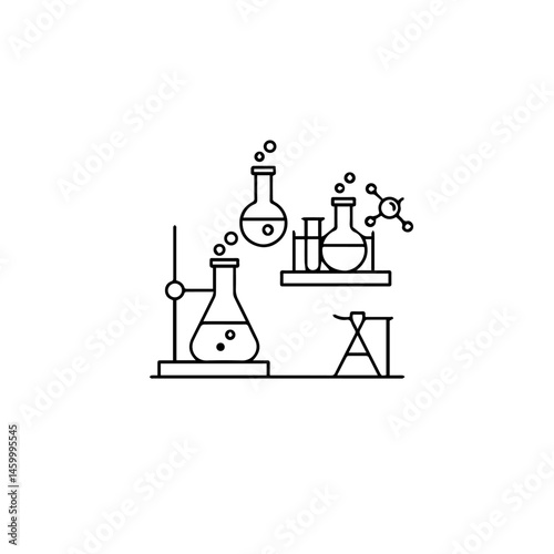 Chemistry lab equipment glassware and beakers. Science experiment setup includes flasks, test tubes, and stand.  Illustration perfect for chemistry class posters, educational materials, or university