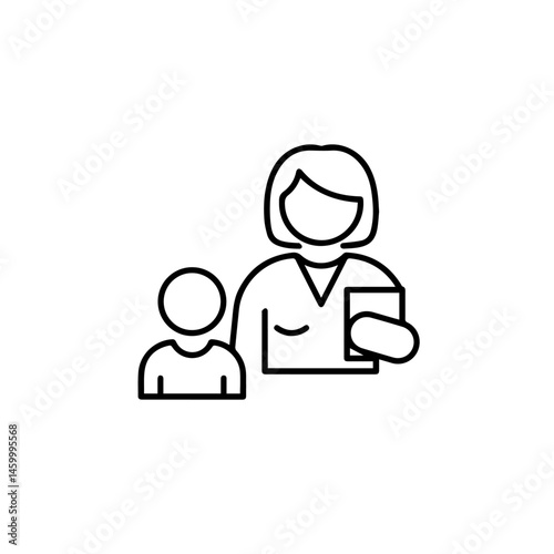 Teacher and student line art illustration. Simple educational concept showing teacher with book and child. Perfect image for school brochures, university websites, or educational materials. This desig