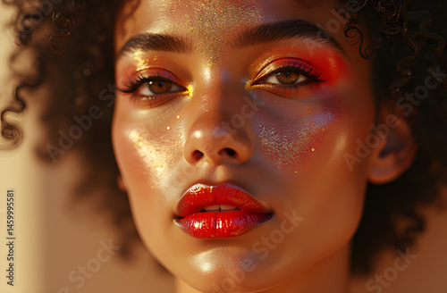 Close-up portrait of woman with bold gold and red glitter makeup in warm light – glamorous editorial beauty image for fashion, cosmetics, skincare, or lifestyle brands
