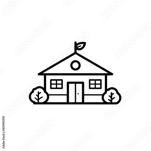 Simple house illustration with plants on a white background  