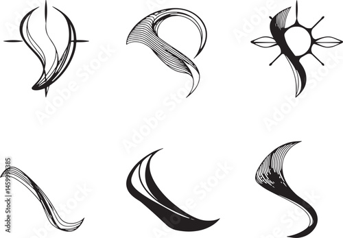 A set of vector elements, modern flat design with intricate black lines and futuristic aesthetics of sharp angles and smooth curves, simple two-dimensional shapes, soft dreamy atmosphere and high tech