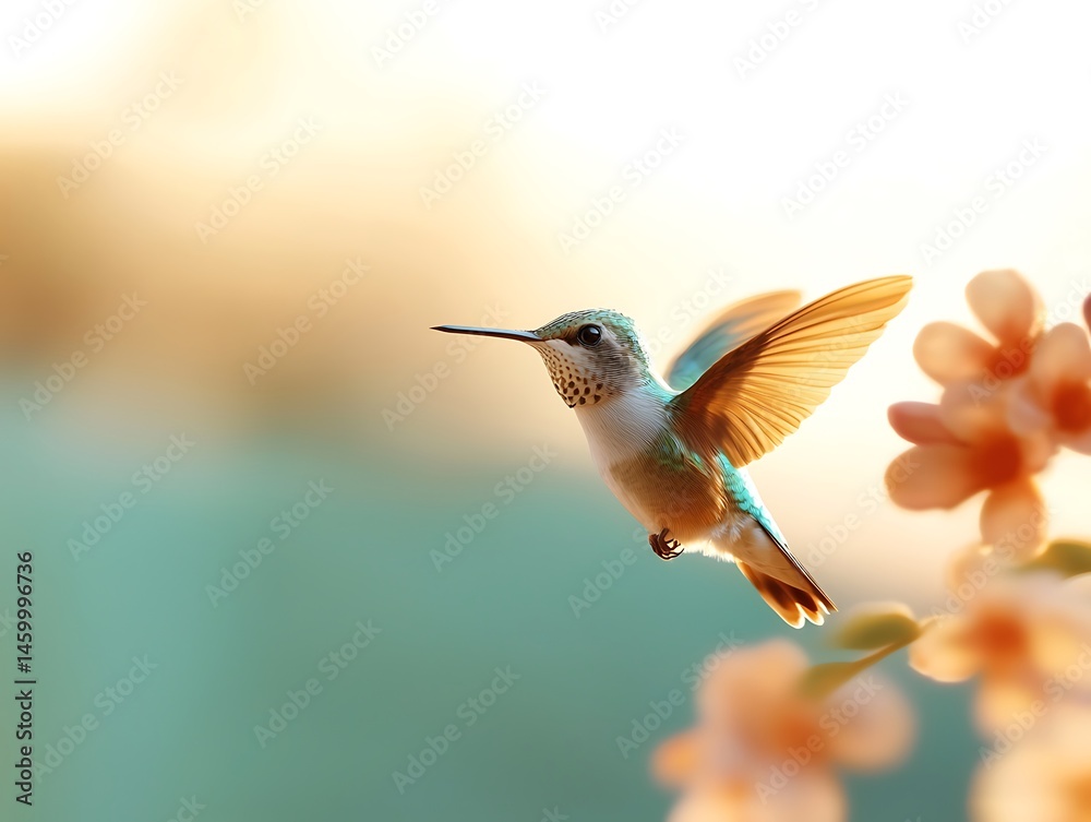 Fototapeta premium Hummingbird in Flight Near Peach Blossoms at Sunset