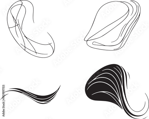 A set of vector elements, modern flat design with intricate black lines and futuristic aesthetics of sharp angles and smooth curves, simple two-dimensional shapes, soft dreamy atmosphere and high tech