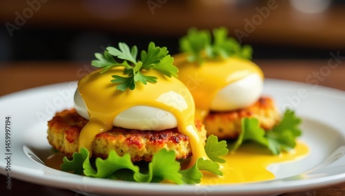 Classic Eggs Benedict Chesapeake variation, featuring crab cakes, food styling, lemon, menu