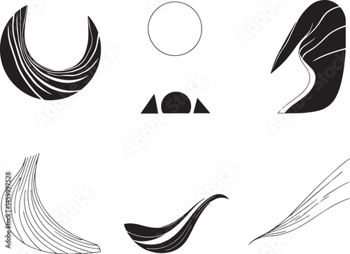 A set of vector elements, modern flat design with intricate black lines and futuristic aesthetics of sharp angles and smooth curves, simple two-dimensional shapes, soft dreamy atmosphere and high tech