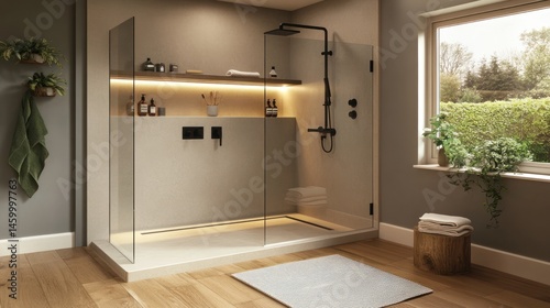 Modern contemporary shower room, natural light, interior design