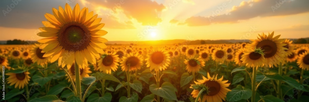Obraz premium Golden hour sun bathes vibrant sunflowers & cornfield , rural, beautiful, bright
