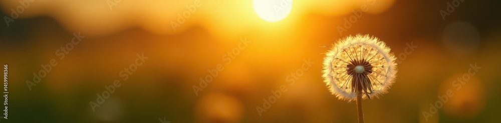 Fototapeta premium Golden sunset illuminates fluffy dandelion seed head , image, red