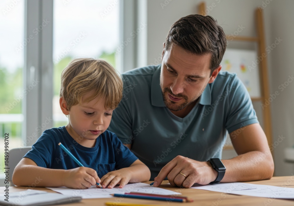 Father helping his son with homework at a wooden table near the window light Father helping his son with homework at a wooden table near the window light