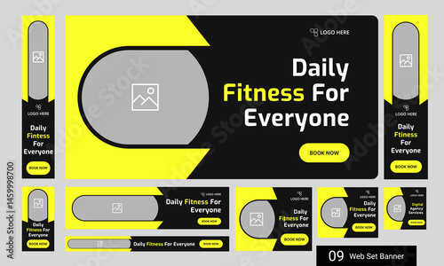 Trendy body fitness services web bundle banner design for social media post, daily exercise methods web set banner design, fully customizable vector eps 10 file format