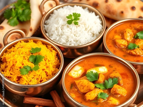 Traditional Indian Meal with Curry, Rice, and Naan Presented in Copper Bowls