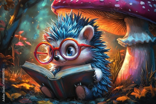 Whimsical hedgehog reading under enchanted mushroom: magical forest scene