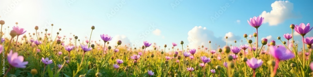 Soft pink and purple wildflowers spread across a sunlit field against a clear azure sky , soft, flower carpet, beautiful scenery Soft pink and purple wildflowers spread across a sunlit field against a clear azure sky , soft, flower carpet, beautiful scenery