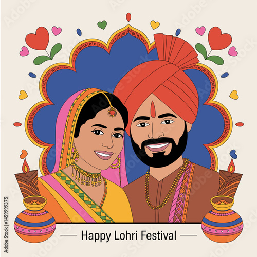 Happy Lohri Festival with Traditional Punjabi Couple