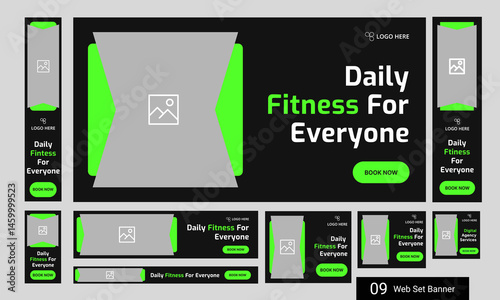 Trendy body fitness services web bundle banner design for social media post, daily exercise methods web set banner design, fully customizable vector eps 10 file format