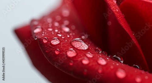 Rose petal with water drops and vein patterns.
