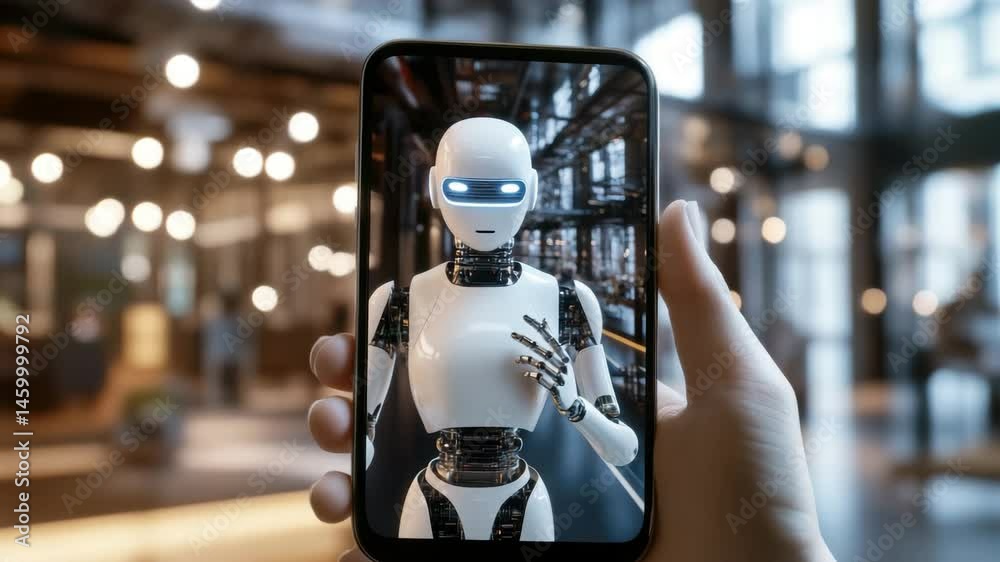 The robot communicates with a person via video communication via a smartphone The robot communicates with a person via video communication via a smartphone