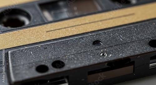 Cassette tape with exposed magnetic strip.

