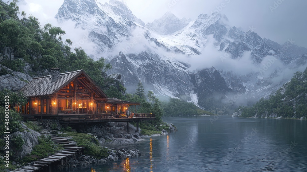 Fototapeta premium Serene lakeside cabin nestled amidst snow-capped mountains. Warm lights glow invitingly
