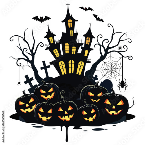 Dark Halloween Silhouette Design with Haunted House and Spiders