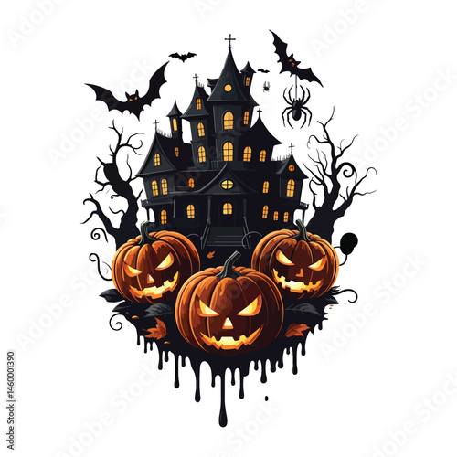 Dark Halloween Silhouette Design with Haunted House and Spiders