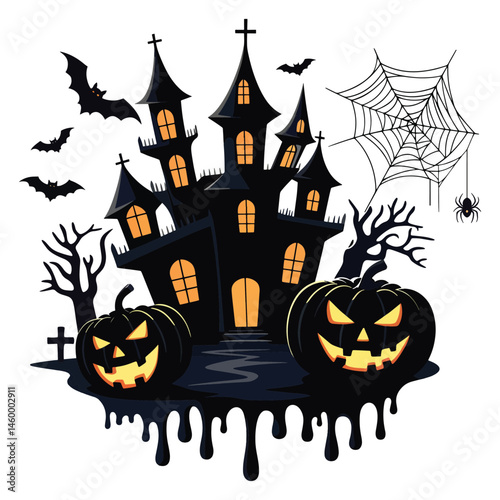 Dark Halloween Silhouette Design with Haunted House and Spiders