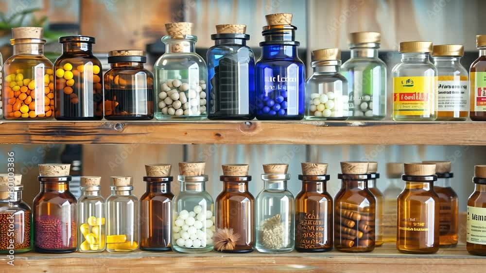 Numerous glass jars filled with colorful spices and herbs on rustic wooden shelves in cozy apothecary shop. concept of natural ingredients, herbal medicine, organic lifestyle.