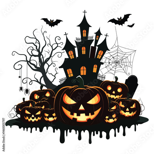 Dark Halloween Silhouette Design with Haunted House and Spiders