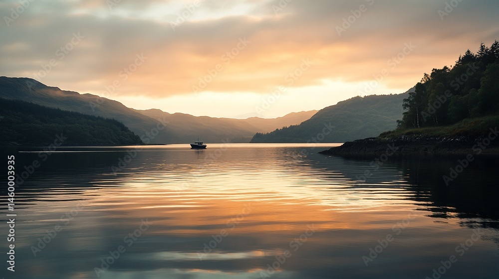 Obraz premium Majestic loch scene with a solitary boat at sunrise in the Scottish Highlands