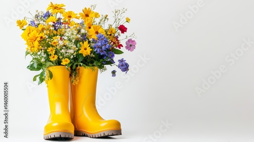 Rain boots filled with vibrant colorful spring blossoms arranged on a crisp white background