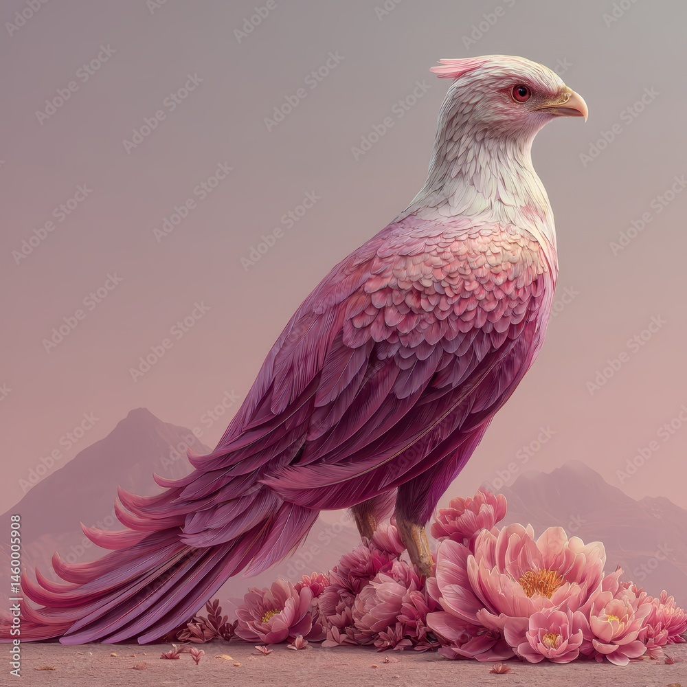 Fototapeta premium A majestic bird stands elegantly among flowers against a serene landscape backdrop.