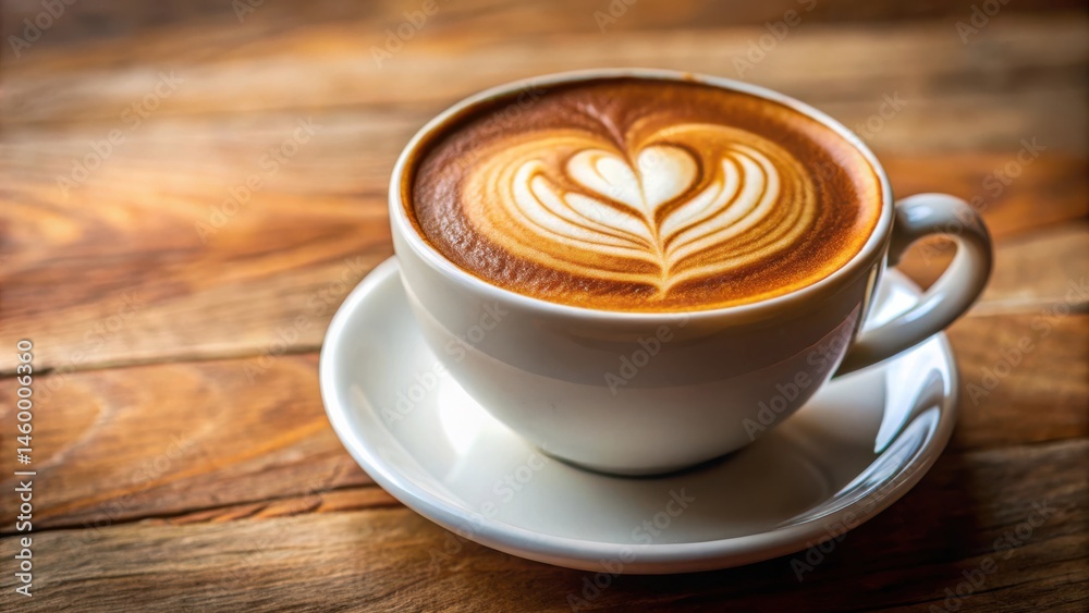 Aromatic Latte Art, a Heart-Shaped Design in a White Cup on a Rustic Wooden Surface Aromatic Latte Art, a Heart-Shaped Design in a White Cup on a Rustic Wooden Surface
