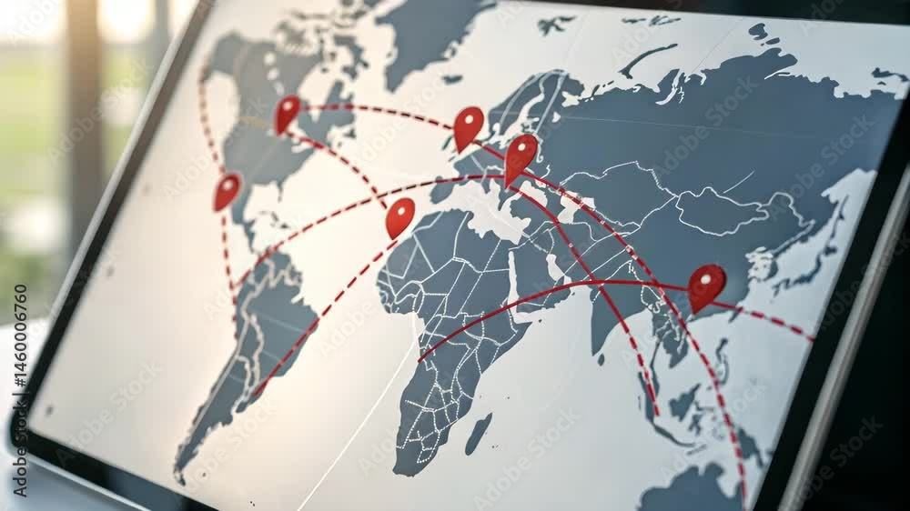A person points at a global map on a screen showing multiple red location pins and connecting lines, representing worldwide connections or logistics.

