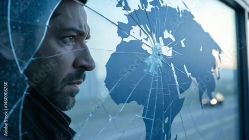 A man stares through a cracked glass window featuring a world map, creating a dramatic and contemplative atmosphere.

