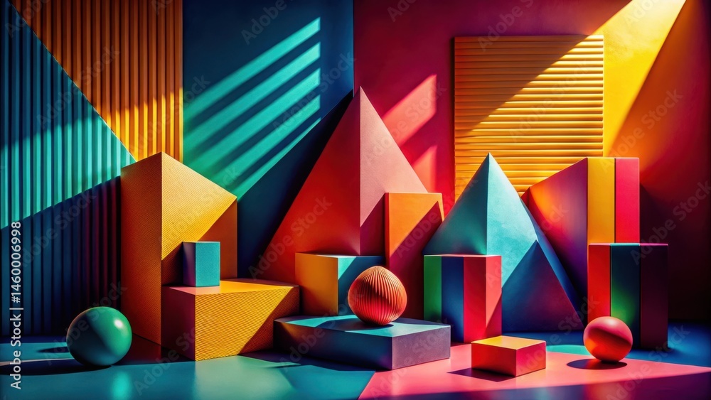 A vibrant and modern display of geometric shapes, bathed in warm sunlight, casting dynamic shadows on the bright, colored surfaces. A vibrant and modern display of geometric shapes, bathed in warm sunlight, casting dynamic shadows on the bright, colored surfaces.