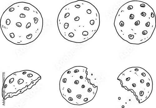 Hand Drawn Chocolate Chip Cookies Clipart – Whole and Bitten Cookie Illustrations.