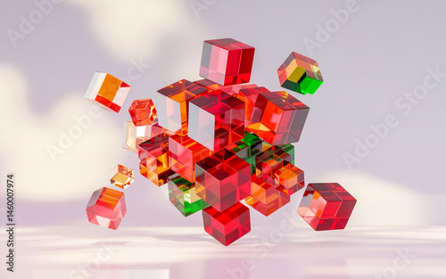 A 3D geometric abstract composition of translucent glass cubes arranged in a scattered pattern against a light gray background.