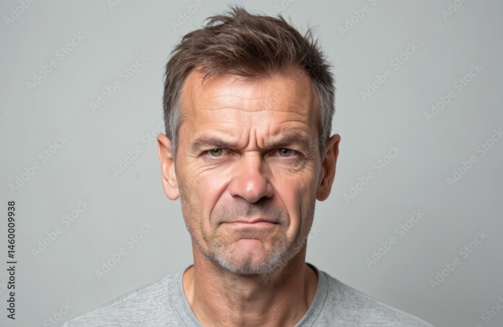 Fototapeta premium Mature man portrait with angry frown. Adult male looks displeased, shows negative emotion. Expression of rage, discontent, annoyance, dissatisfaction. Person in studio, grey background, close-up.