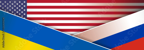 Ukraine UA Russia USA united States American flags background, web, banner, wallpaper for text. negotiations, war, invasion, sanctions partnership template presentations, conferences