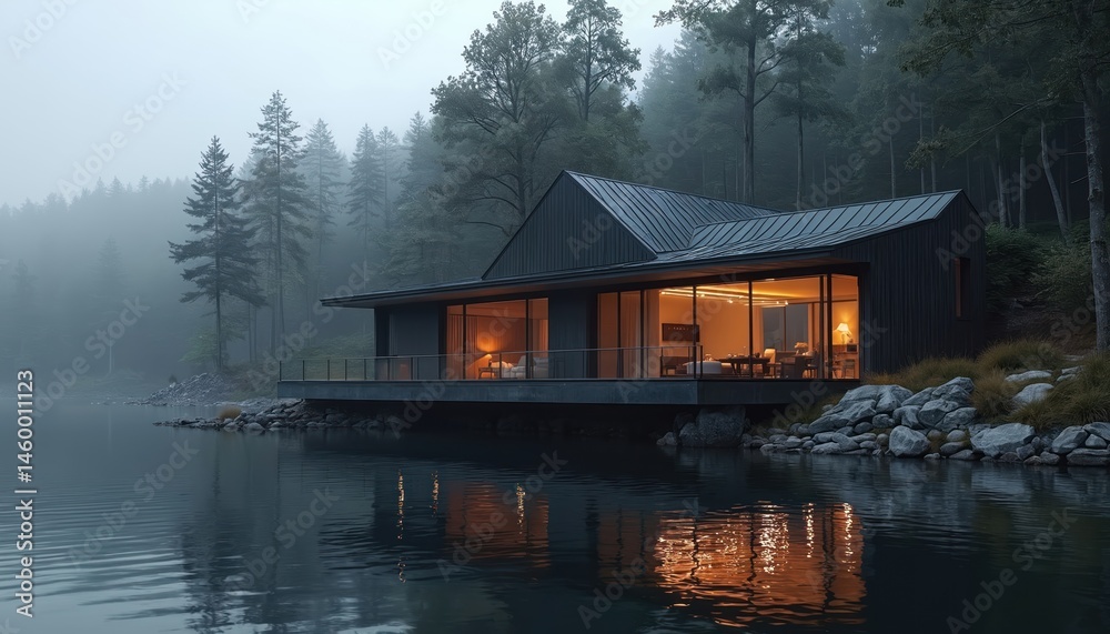 Obraz premium Minimalist villa on lake edge with stunning architectural design. Building nestled among trees, creating sense of harmony with nature. Evening light reflects in water, creating calm, peaceful