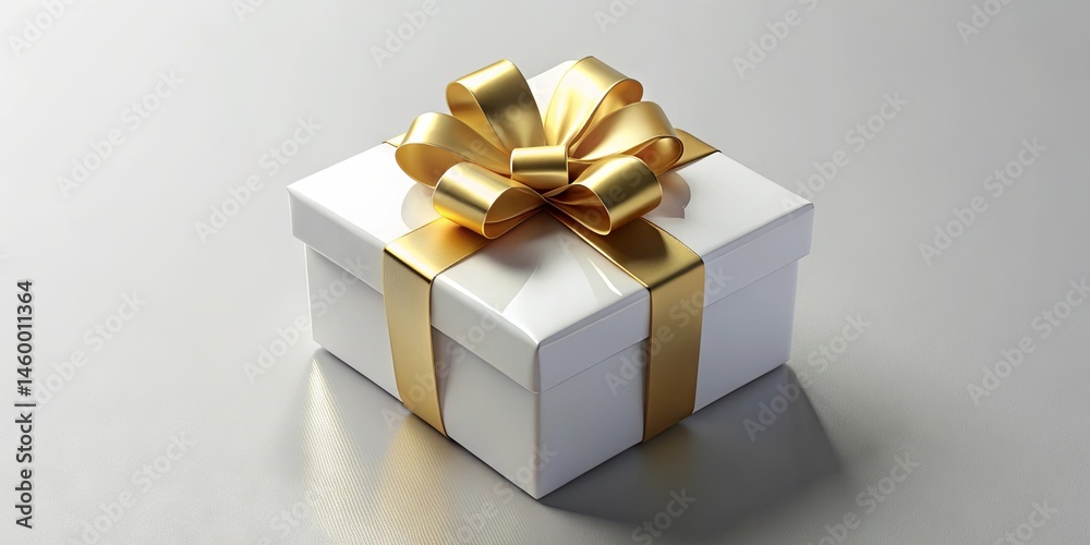 Obraz premium This gift box, adorned with a shiny golden ribbon, lies on a polished surface, offering a touch of elegance suitable for birthdays, holidays, and events