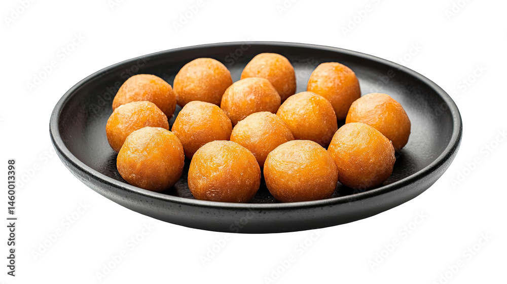 Delicious Golden Fried Food Balls on a Black Plate isolated on transparent background Delicious Golden Fried Food Balls on a Black Plate isolated on transparent background