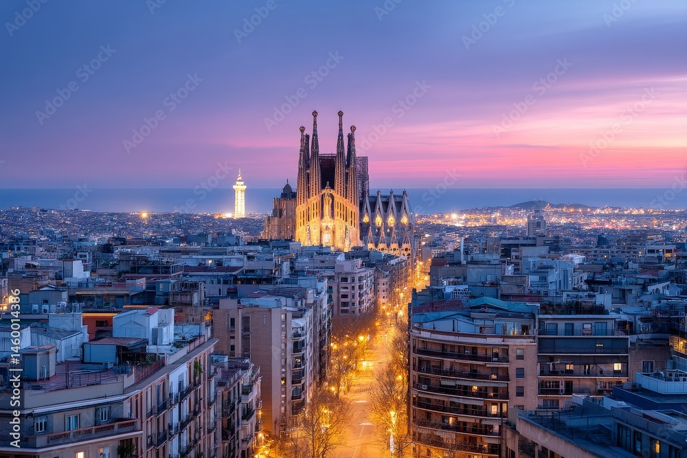 Obraz premium Barcelona Skyline at Dusk - Stunning cityscape view of Barcelona at sunset, featuring the Sagrada Familia and city lights