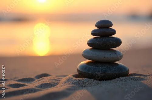 Sea stones stacked on top of each other against the sunset. Meditation and balance. Massage stones against the sea. Harmony of nature.