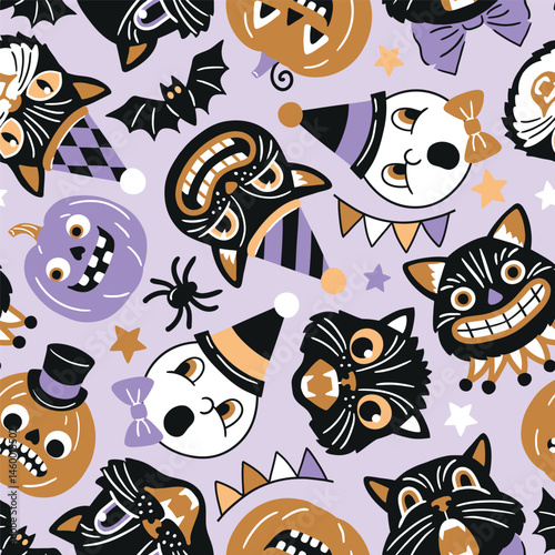 Seamless vector pattern with retro Halloween characters. Hand drawn spooky black cat and Halloween pumpkin illustration. EPS 10 vector file. Perfect for textile, wallpaper or nursery print design.